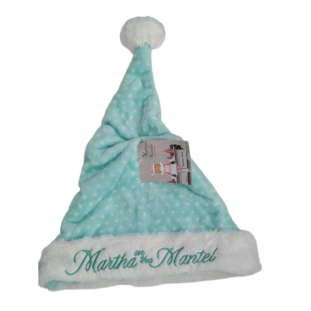 Martha on the Mantel Santa Hat Minty Blue Polka Dot White Faux Fur Plush NWT